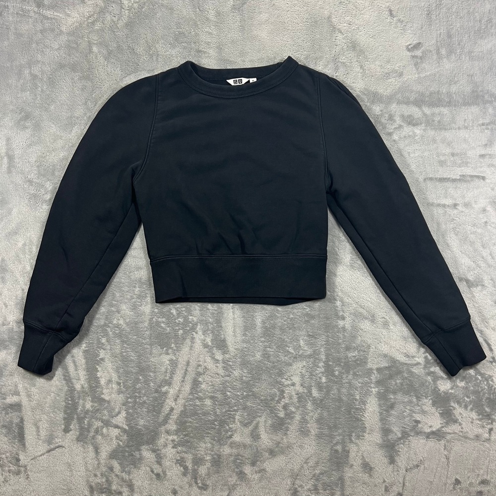 UNIQLO U Sweatshirt Womens XS Black Cropped Crewneck Sweater Pullover Casual